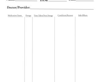 May include: A white medication log with the title "Medication Log" in black text. The log includes fields for name, date of birth, date, doctor/provider, medication name, dosage, time taken/next dosage, condition/reason, and side effects.