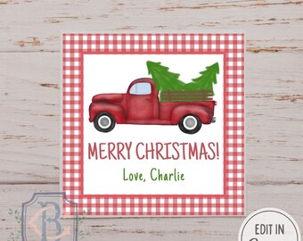 Red Gingham Truck Gift Tag - Editable, Customizable, Print at Home, INSTANT DIGITAL DOWNLOAD