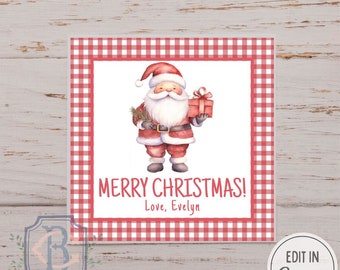 Gingham Santa Gift Tag - Editable, Customizable, Print at Home, INSTANT DIGITAL DOWNLOAD