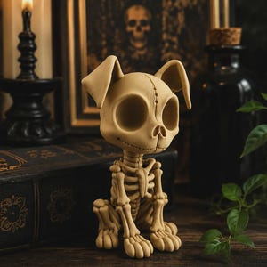 May include: A beige, stylised figurine of a seated dog skeleton with large, hollow eye sockets, pointed ears, and a visible rib cage structure. The figure features a smooth, matte finish and a distinct seam running vertically down the centre of the skull.