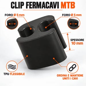 Może przedstawiać: Czarny klips do kabli MTB z dwoma okrągłymi otworami o średnicy 5 mm i grubości 10 mm. Elastyczny element z TPU został zaprojektowany do porządkowania i łączenia kabli, z etykietami wskazującymi wymiary oraz rodzaj użytego materiału.