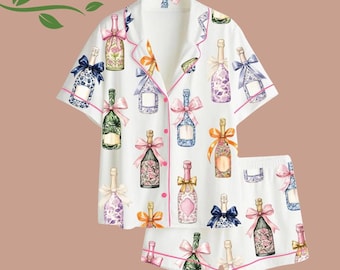 Champagne Bottle Print Satin Pajama Set, Coquette Ribbon Sleepwear, Bachelorette Party Loungewear