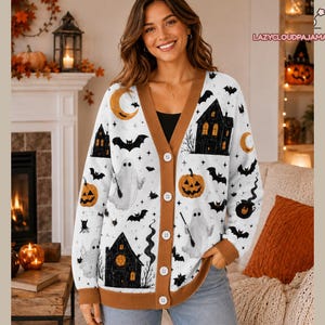 Strickjacke mit Geisterhaus-Motiv, gruseliger Geister-Strickpullover, Herbstmantel mit schwarzer Katze, süße Kürbis-Jacke, Hexen-Herbststrickjacke, Halloween-Outfit