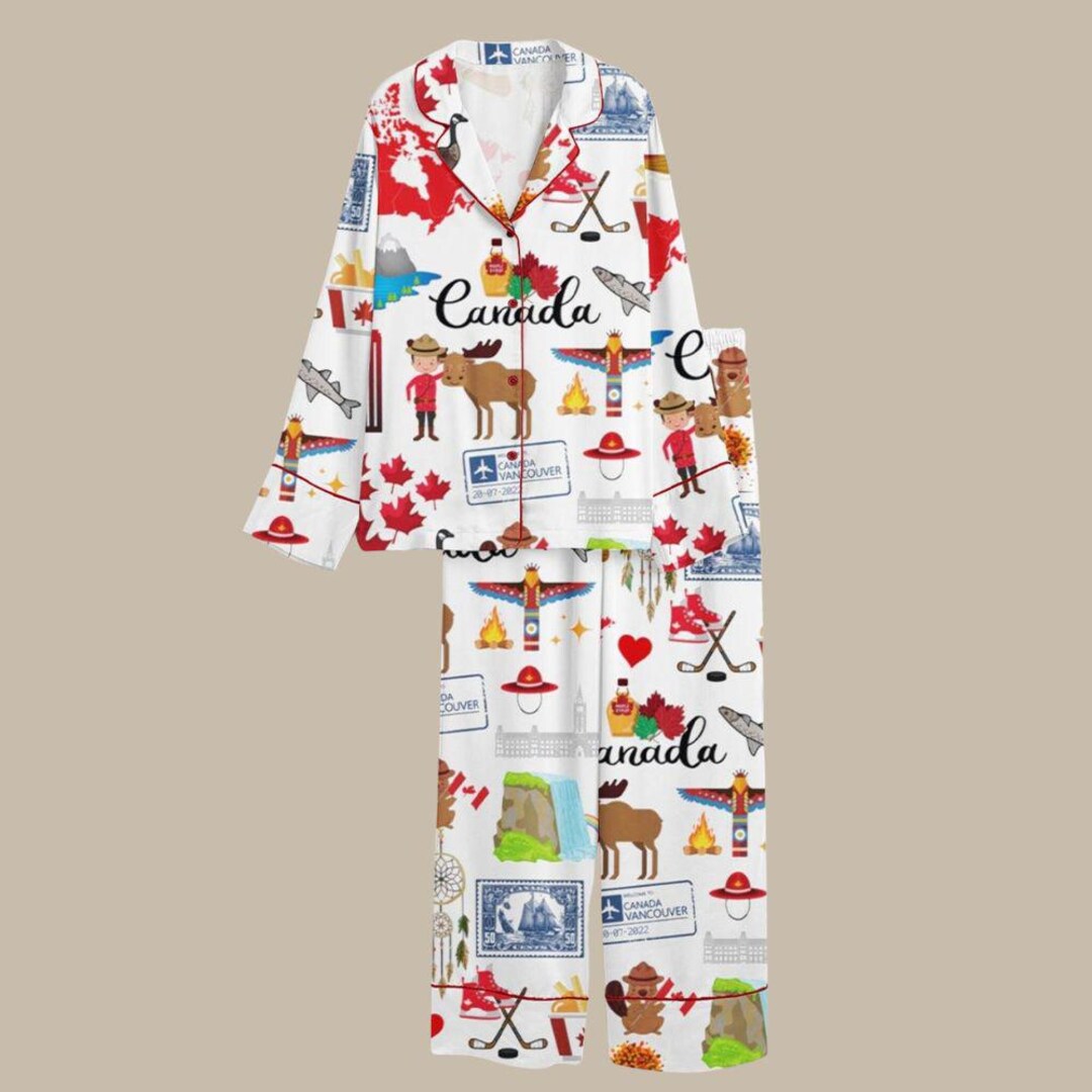 Canada Adventure Satin Pajama Set, Short Sleeve Loungewear, Travel ...