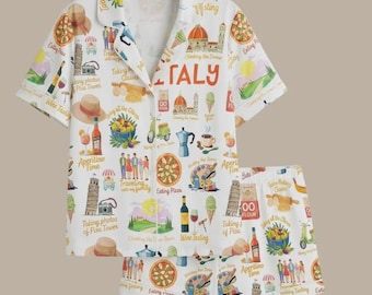Ensemble pyjama de vacances en satin soyeux, Italie, pyjama à imprimé voyage en Italie