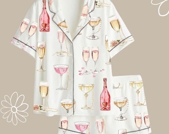 Ensemble de pyjama nuptiale de douche de mariée perles et prosecco pour femme champagne imprimé à manches longues en satin