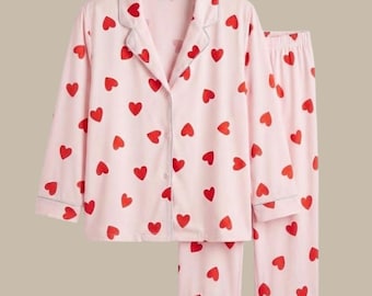 Pink Heart Pajama Set, Valentine's Day Sleepwear, Cute Women's PJs, Red Hearts Button Down Loungewear, Bridesmaid Gift, Galentine's Day