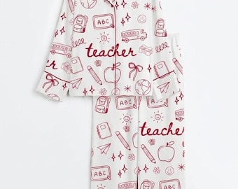 Satin Pyjama Set, Lehrer Schule Print Loungewear