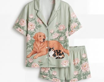 Conjunto de pijama de satén para amantes de las mascotas – Estampado floral de gato Golden Retriever