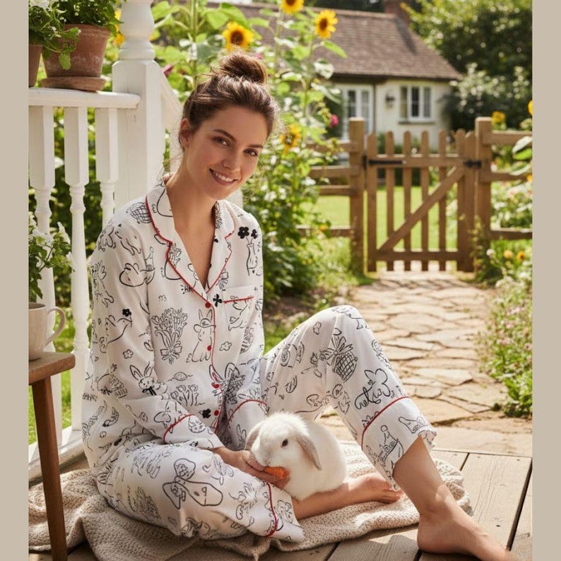 Peut inclure: Ensemble de pyjama blanc avec bordure noire et rouge, orn&eacute; d'un imprim&eacute; fantaisiste de lapins et de fleurs. Le pyjama comprend un haut boutonn&eacute; et un pantalon assorti. Un lapin blanc est tenu sur les genoux.