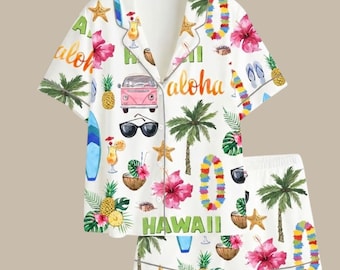 Pyjama en satin Aloha Hawaii • Vêtements de nuit pour les vacances tropicales • Imprimé hibiscus et ananas