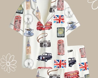 Ensemble de pyjama en satin sur le thème de Londres pour femme, pyjama de style britannique imprimé voyage