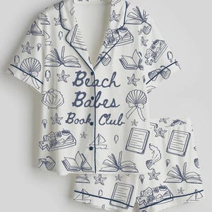 Beach Babes Bokklubbspyjamas, Satinpyjamasset Kort Långärmat, Anpassad Bokälskare Gåva, Brudtärnepyjamas, Söt Bokpyjamas För Damer