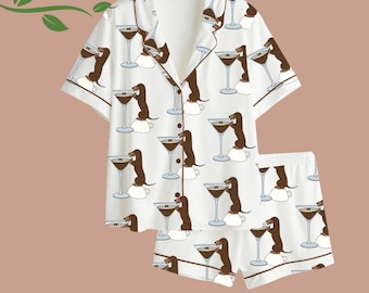 Conjunto de pijama de satén con estampado de perro salchicha y espresso martini, pijama de manga corta.