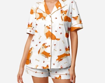 Corgi Print Silk Satin Pajama Set for Women - Short & Long Sleeve Sleepwear Gift