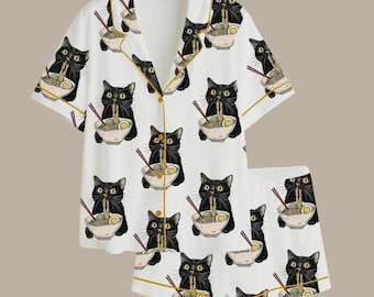 Satin pajamas with cat print, cute summer loungewear set, kids size.