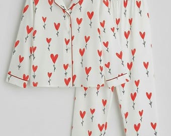 Love Script Pajama Set, White Heart PJs with Red Piping, Valentine's Day Sleepwear, Bridesmaid Pajamas, Cute Women's Loungewear