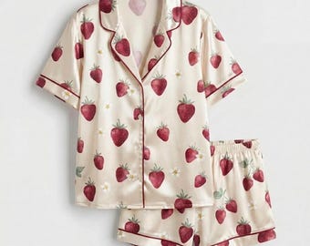 Strawberry Print Satin Pajamas Set, Luxury Silky Sleepwear for Women, Soft Loungewear Pajama Suit