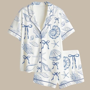 Vintage Seashell Print Pajama Set, Coastal Cotton Sleepwear, Gift For Her