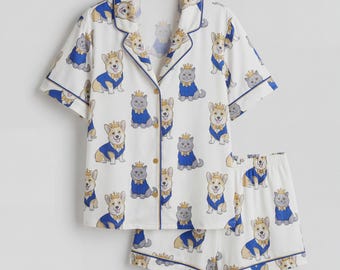 Conjunto de pijama de satén con estampado de gato Corgi / Pijama con estampado de mascota real, ropa de estar por casa de manga corta