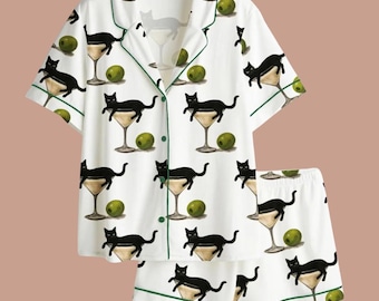 Black Cat Satin Pajama Set for Women, Martini Cocktail Glass Print Sleepwear