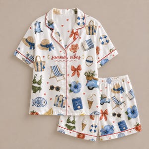 Summer Pajamas Set Women, Beach Vacation Loungewear, Short Sleeve Button Down PJ Set, Coastal Summer Sleepwear, Birthday Gift For Her
