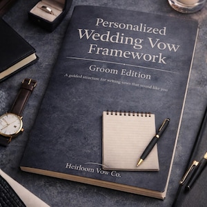 May include: A dark blue book titled "Personalized Wedding Vow Framework Groom Edition" with a notepad and pen. A watch, ring box, and other leather-bound items are also present. The book's cover reads "A guided structure for writing vows that sound like you."