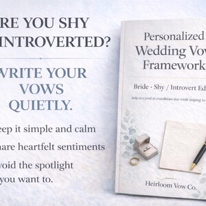 Puede incluir: Un libro titulado "Personalized Wedding Vow Framework" con el subtítulo "Bride - Shy / Introvert Edition". La imagen incluye un joyero, un bolígrafo y el texto "Write your vows quietly."
