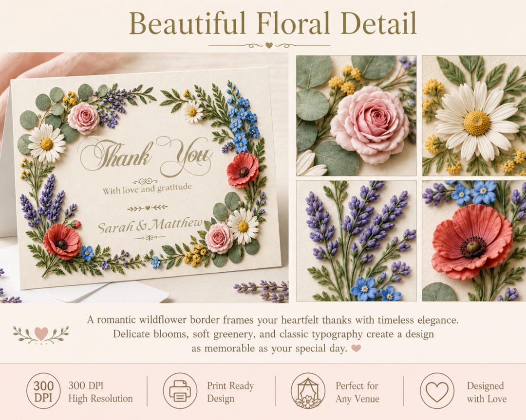 Wedding Thank You Card Template Canva Editable, Wildflower Boho Floral ...
