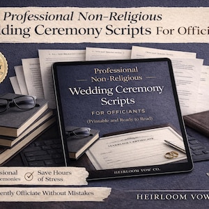 May include: An image featuring a tablet displaying "Professional Non-Religious Wedding Ceremony Scripts" for officiants. The scene includes books, glasses, a keyboard, and a marriage certificate, suggesting a wedding planning theme.