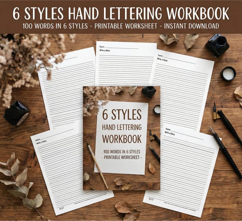 K&ouml;nnte beinhalten: Ein Handlettering-Arbeitsbuch mit dem Text "6 STYLES HAND LETTERING WORKBOOK" und "100 WORDS IN 6 STYLES - PRINTABLE WORKSHEET - INSTANT DOWNLOAD". Das Arbeitsbuch ist von linierten Papieren, Tintenf&auml;ssern und Kalligraphie-Stiften auf einer Holzoberfl&auml;che umgeben.