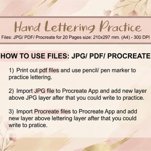 K&ouml;nnte beinhalten: Eine digitale Anleitung zum &Uuml;ben von Handlettering. Das Bild zeigt Anweisungen zur Verwendung von JPG-, PDF- und Procreate-Dateien. Der Text enth&auml;lt Schritte zum Drucken und Verwenden der Dateien in der Procreate-App. Der Hintergrund hat ein weiches, aquarellartiges Design.