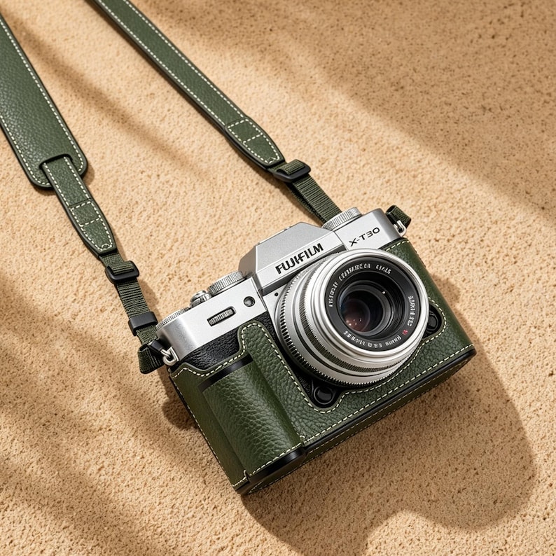 May include: A silver Fujifilm X-T30 camera with a green leather case and strap. The camera has a lens and is resting on a sandy surface. The strap is attached to the camera case with white stitching.