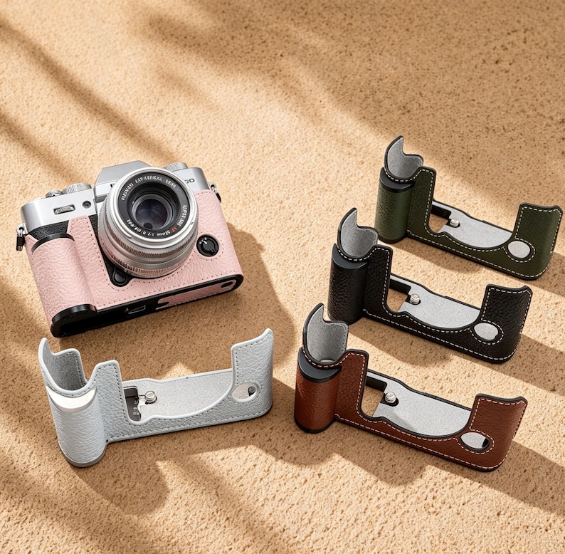 May include: A digital camera with a pink leather case sits next to four leather camera grips in various colors: gray, brown, black, and olive green. The grips have a silver base and white stitching, resting on a sandy surface.