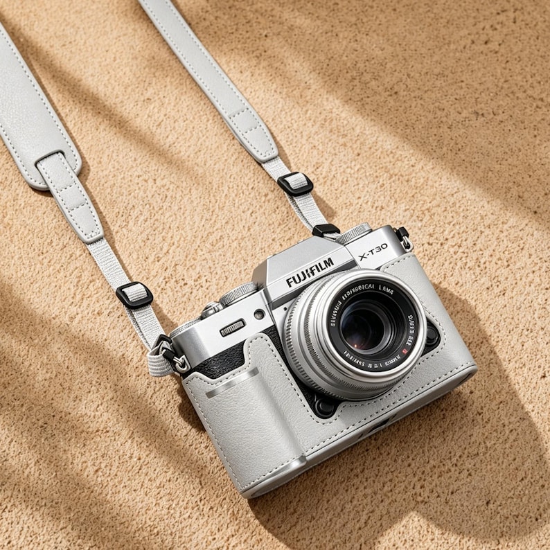May include: A silver Fujifilm X-T30 camera with a gray leather case and matching strap. The camera lens is centered, and the strap is attached with black clips. The camera is on a light brown surface.