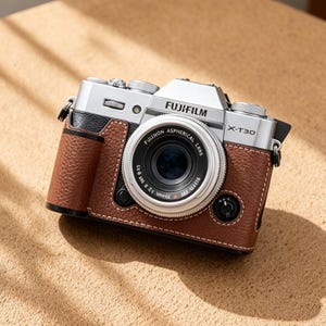 May include: A silver Fujifilm X-T30 camera with a brown leather case. The camera has a black lens and the Fujifilm logo is visible. The case has a stitched design.