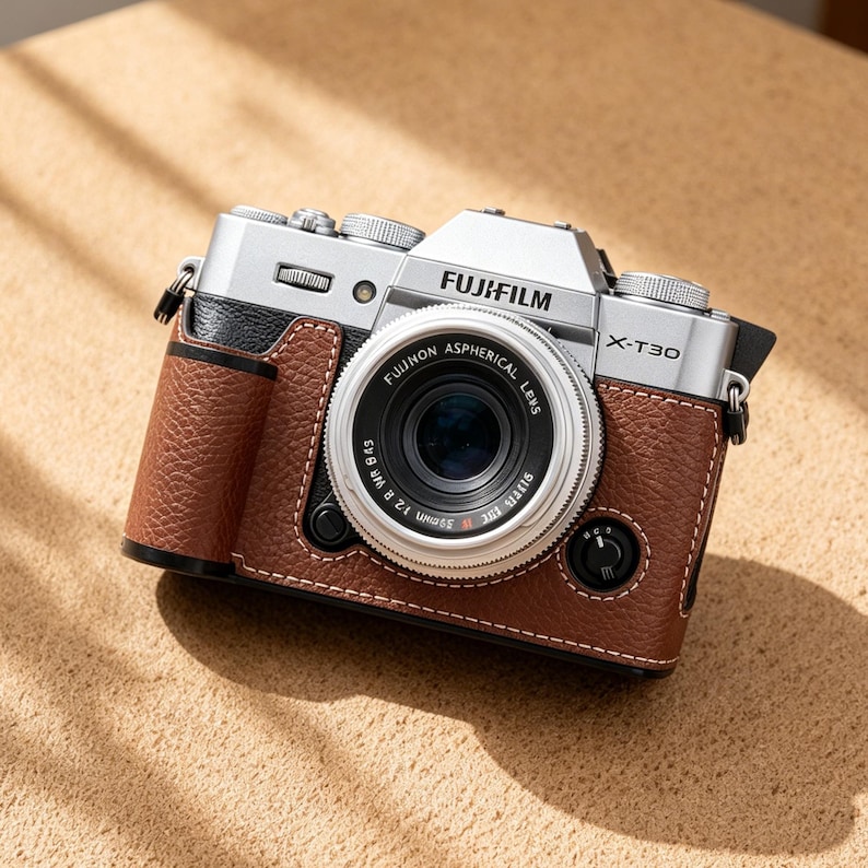 May include: A silver Fujifilm X-T30 camera with a brown leather case. The camera has a black lens and the Fujifilm logo is visible. The case has a stitched design.