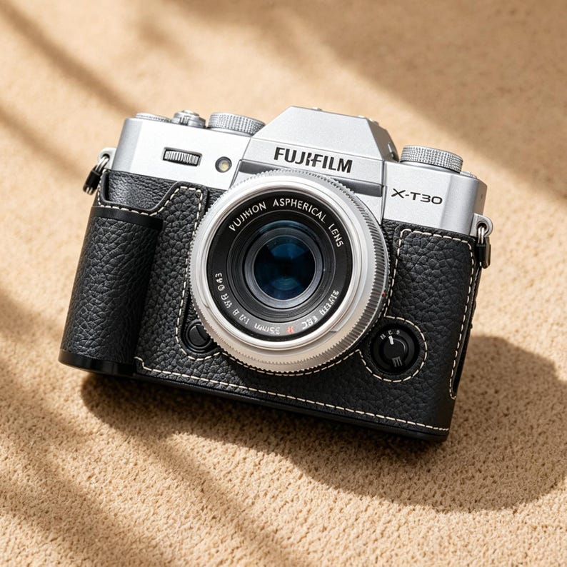 May include: A silver Fujifilm X-T30 camera with a black leather case. The camera has a silver lens with the text "FUJINON ASPHERICAL LENS" and a black grip. The camera is on a light brown surface.