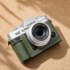 May include: A silver Fujifilm X-T30 camera with a lens, encased in a green leather case. The lens has the text "FUJINON ASPHERICAL LENS" and "SUPER EBC". The camera is on a sandy surface.