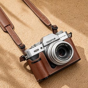 Puede incluir: Cámara Fujifilm X-T30 plateada con funda y correa de cuero marrón. La lente de la cámara es visible, junto con el logotipo de Fujifilm. La funda de cuero tiene costuras blancas. La correa también es de cuero marrón.