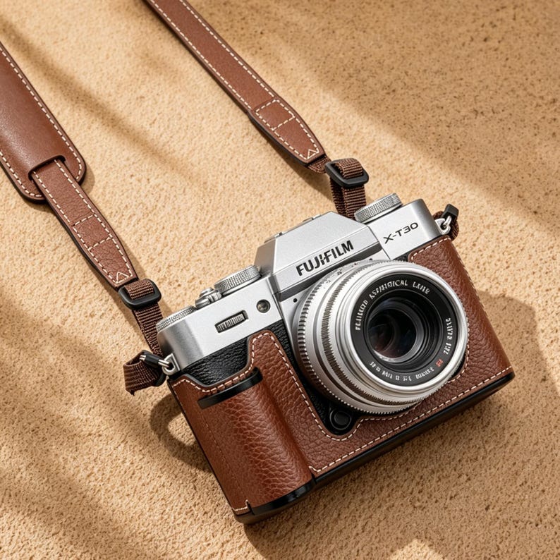 May include: A silver Fujifilm X-T30 camera with a brown leather case and strap. The camera lens is visible, along with the Fujifilm logo. The leather case has white stitching. The strap is also brown leather.