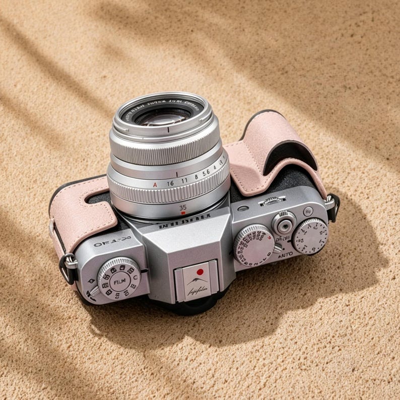 May include: A silver digital camera with a lens and a pink leather case. The camera has multiple dials and buttons, and the lens is silver. The camera is resting on a sandy surface.