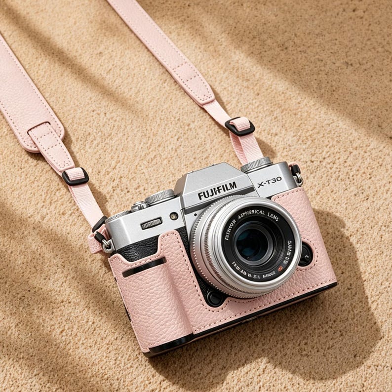May include: A silver Fujifilm X-T30 camera with a pink leather case and matching strap. The camera lens is centered, and the strap is attached with black clips. The camera is on a sandy surface.