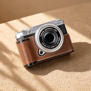 Puede incluir: Una cámara Fujifilm X-MS plateada y negra con una funda de cuero marrón. La lente de la cámara está etiquetada como "FUJINON ASPHERICAL LENS" y "SUPER EBC XF 35mm 1:2 R WR". La funda de cuero tiene costuras blancas.