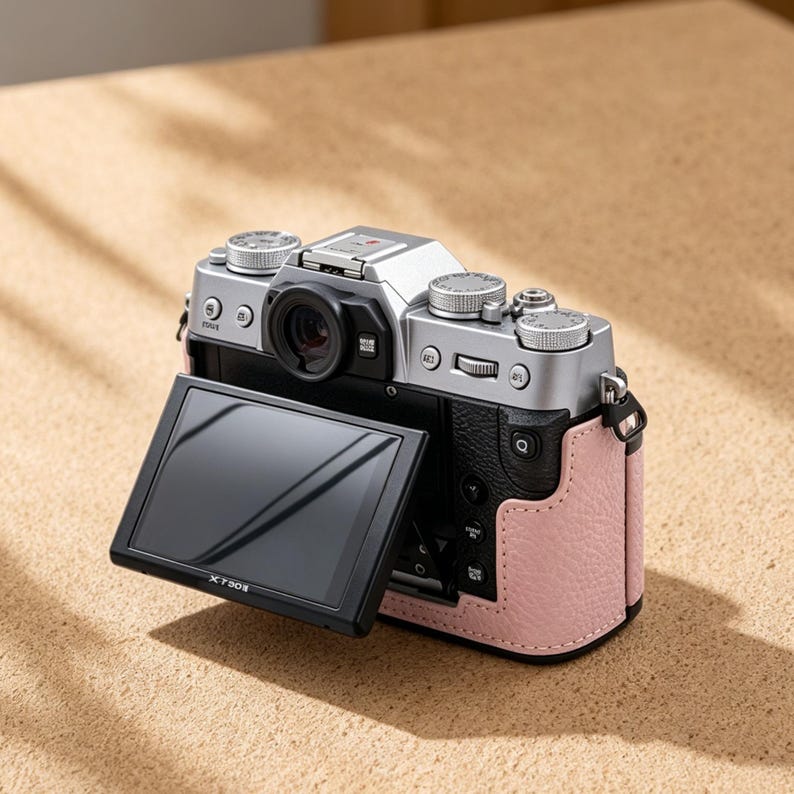 May include: A silver and black digital camera with a pink leather case. The camera has a flip-out screen and multiple dials and buttons. The lens is black, and the camera is resting on a light brown surface.
