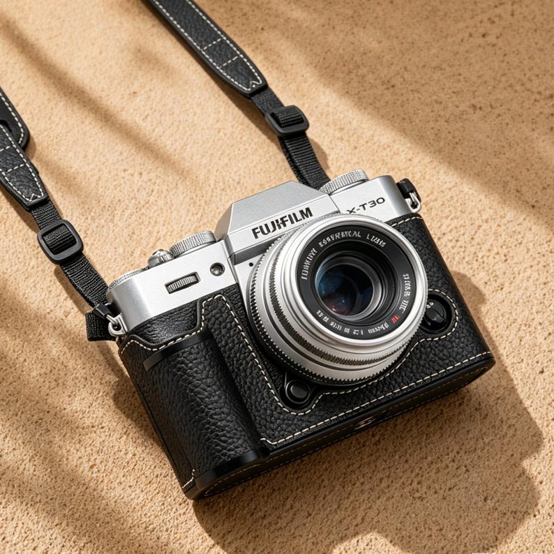 May include: A silver Fujifilm X-T30 camera with a black leather case and strap. The camera lens is visible, and the case has white stitching. The strap is black with white stitching.