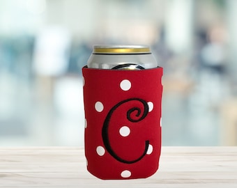 Embroidered Cozies, Beer Can Coolers, Red Polka Dot Design, Monogram Can Coolers Personalized Gifts, Handmade in the USA, Beverage Holders