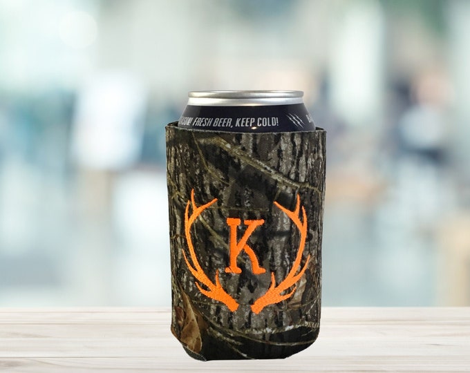 Gift For Hunters Embroidered Cozies Monogram Can Cooler Beer Can Coolers Hunting Cozies Beer Cans Antler Can Cooler Personalized Gift