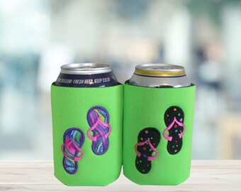Embroidered Cozies, Flip Flop Design, Handmade in the USA, Beer Can Cooler, Appliqué Design, Beach Cozies, Gifts Under 10, Beverage Holders