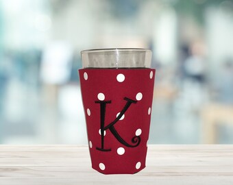 Pint Glass Cozies, Embroidered Gift, Coffee Cozies, Red Polka Dot Fabric, Monogram Cozy,Handmade in the USA, Personalized Gift, Angled Glass